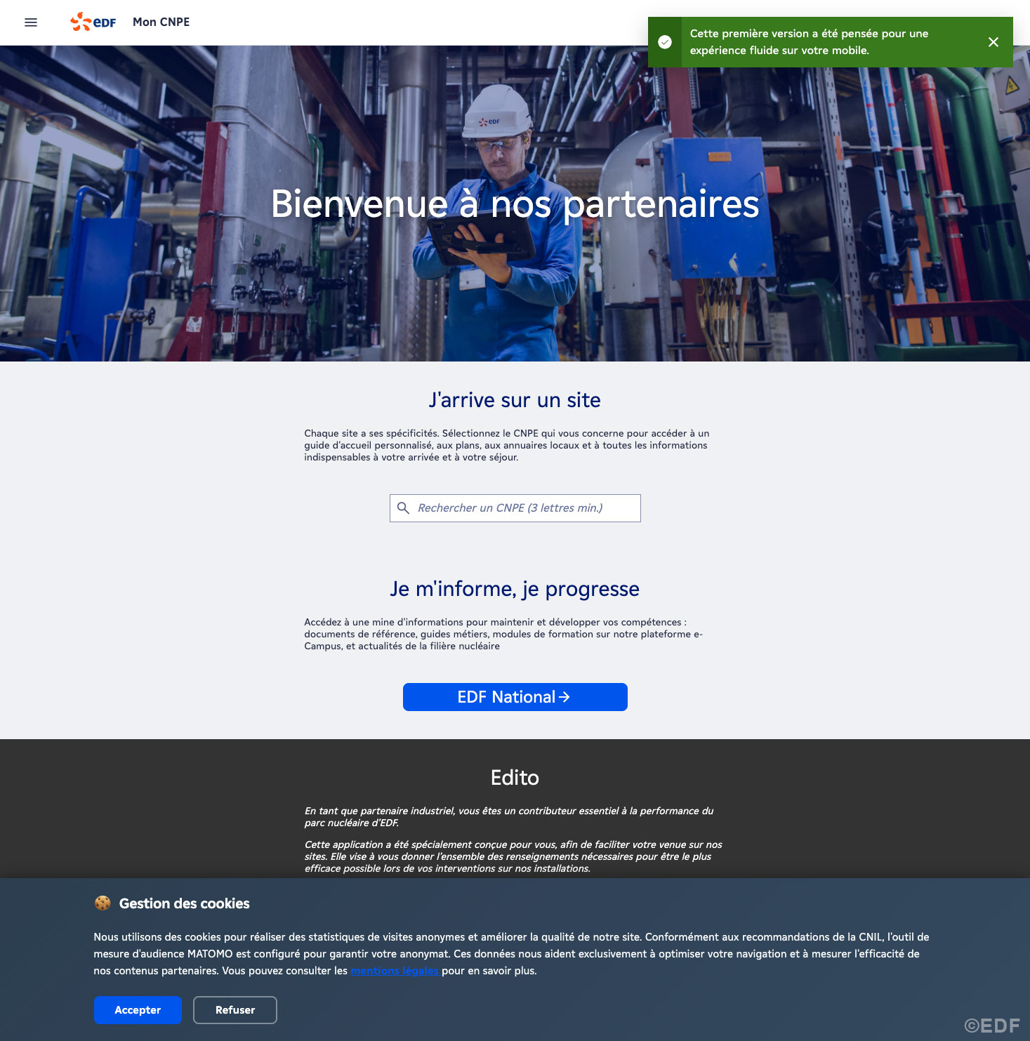 Capture de l'écran d'accueil du site web moncnpe.edf.fr